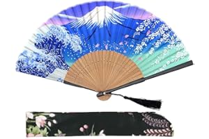 1SourceTek Kanagawa Sea Waves Landscape 8.27"(21cm) Folding Hand Held Fan - with a Fabric Sleeve Protection For Gifts - Japanese Vintage Retro Style (Night)
