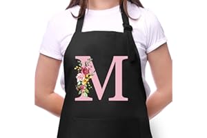 SINEKONG Personalisierte Initialen Schürzen Damen, Kochschürze Baumwolle Verstellbare Küchenschürze mit Taschen zum Kochen, Backen, Geschenk für Frauen Mama Oma Freundin zum Geburtstag Muttertag Weihnachten M