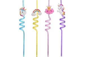 MEVSIM STORE Unicorno 4 Pezzi Cannucce per Bambini, Cannucce Plastica,Bambini Colorate Cannucce,Cannucce Riutilizzabili Bambini,Cannucce Riccia per Feste, Compleanno Forniture