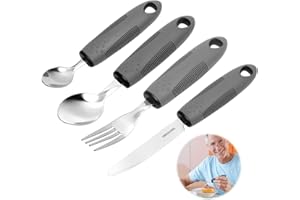 HENGBIRD Senioren Besteck für Behinderte 4-teilig – Ergonomisches Parkinson Besteck mit Griffverdickung, rutschfestes Seniorenbesteck aus Edelstahl, spülmaschinenfest, Esshilfe