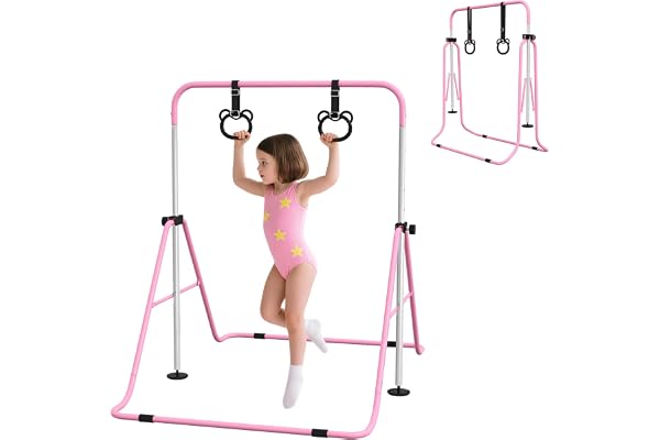 HOMCOM Barre de Gymnastique pour Enfants, Barre Horizontale, équipement de Gymnastique Pliable à Hauteur réglable 88-128 cm avec Anneaux de Gymnastique