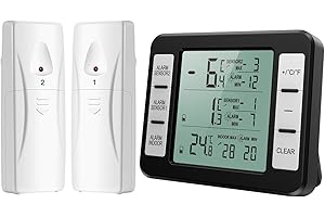 Brifit Termometro per Frigorifero con 2 Sensori Wireless, Termometro per Congelatore, Termometri Digitale Interno Esterno con Allarme Acustico, Registrare Min/Max, per Casa, Ristoranti - Nero