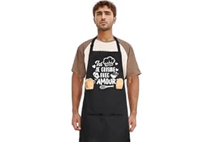 Halinuia Tablier de Cuisine Personnalisé pour Homme et Femme - 'Ici, Je Cuisine Avec Amour' - Étanche, Réglable, Professionnel, Noir, pour Barbecue