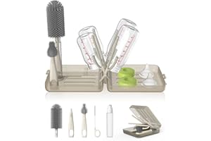 YOTIME Kit Cepillos Biberones Viaje con Secar Biberones Plegable, Soporte de Apertura Automática & Ranuras de Secado Vertical, 3 Cepillos + Dispensador, Esenciales para Padres Viajeros, Café Claro