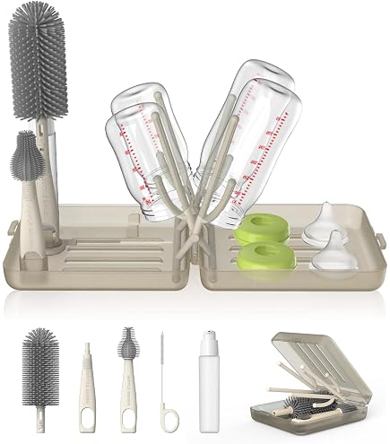 Kit Nettoyage Biberon 5 En 1 - Goupillon, Brosse Tétine, Brosse Paille, Égouttoir, Boîte Rangement, Gris