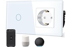 TAWOIA Normaler Steckdose mit Smart Wlan Lichtschalter (Neutralleiter erforderlich) mit Glasscheibe, Sprachsteuerung für Alexa, kompatibel mit Smart Life und Tuya App 1Fach Weg Weiß
