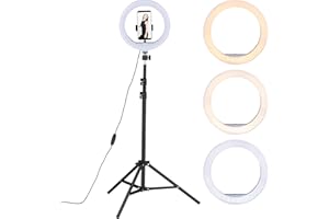 Relaxdays LED Ringlicht mit Stativ, 10" Ringleuchte dimmbar, Make-up, Fotografie & Videos, Lichtring Handy, weiß/schwarz