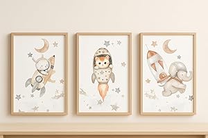LUADREAMS Laminas Decorativas Animalitos, Imágenes Infantiles para Habitacion Niño Niña Bebe - Cuadro Infantil Laminas A4 Decorativas Bebe- 3 Poster Infantil A4 (21 x 29,7 cm) SIN MARCO (Sueño espacial)