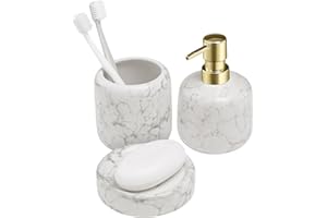 Navaris Set da Bagno Accessori Completo Bianco - Include Portasapone Liquido Porta Sapone e Porta Spazzolini - Kit Bagno Moderno - in Ceramica Effetto Marmo - Design Antiscivolo