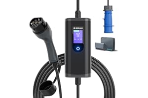 bokman EV Charger Type 2 to CEE Plug, 5M / 7.4kW / 6-32A Adjustable Current / 1 Phase / IP65 Waterproof, Electric Car Charging Cable with CEE Plug, EV Charger Cable with Commando Plug and LED Display