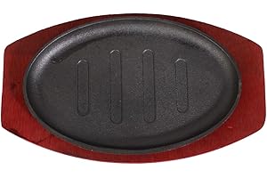 DOITOOL Cast Iron Steak Plate with Wooden Base Steak Pan Grill Fajita Server Plate Sizzling Steak Plate Restaurant or Home