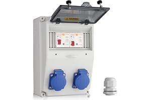 KAMTOP Distribuidor de Corriente de Pared 16A con 2 Enchufes Schuko, Protección FI y Disyuntor, Caja Estanca IP66 Impermeable, Ideal para Talleres, Cobertizos, Jardines y Uso Exterior
