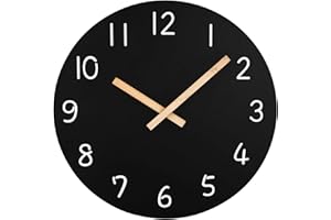 Plumeet Orologio da Parete in Legno da 30cm, Orologio da Parete senza Cornice Silenzioso con Movimento al Quarzo, Orologio Nero in Stile Moderno e Semplice per Salotti, Alimentato a Batteria