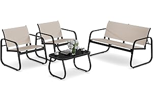 Amopatio Garden Furniture Set with Loveseat, 2 Chairs & Coffee Table, Dining Table and Chairs Set 4, Metal Waterproof Outdoor Furniture for Balcony, Lawn, Pool, Beige