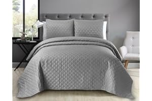 GENERIC Luxury Quilted Bedspread With Matching Pillowcases, Easy Care Diamond Floral Embossed Pattern Comforter Set, Ultrasonic Microfibre Premium Bed Throws, (Grey -King)