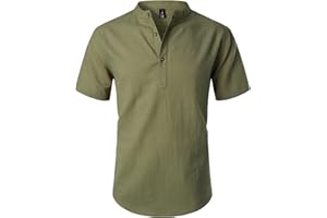 LucMatton Men's Casual Cotton Linen Short Sleeve Henley Shirt Summer Lightweight Banded Collar Beach Tops