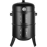 femor BBQ Räuchertonne,3-in-1 Holzkohlegrill mit Thermometer,Haken,regulierbarem Luftabzug,3 Rosten und 2 Türen, große Kapazi