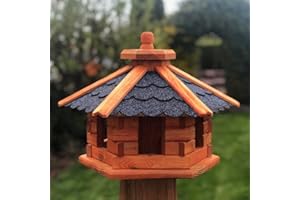 DARLUX Handgefertigtes Sechseck Vogelhaus aus Holz wetterfest M - XXL wahlweise mit und ohne Ständer, Futterhaus, Futterhäuschen (Größe M ohne Ständer, Blau - Braun)