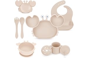 MOJINL Silikon Baby Geschirrset mit Saugnapf, BPA Frei Kindergeschirr Set,8 Stück Baby Besteck Set mit Baby Teller Löffel Gabel Schüssel Lätzchen Snack Becher Trinklernbecher für Baby Mädchen Junge