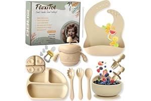 FlexiTot | Set prima pappa svezzamento – Cucchiaio silicone, bicchiere, contenitore frutta, piatto con ventosa, babero impermeabile, ciotola antiscivolo, accessori BLW | 6+ mesi | Beige |Senza BPA