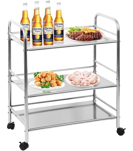Chariot De Service 3 Plateaux En Inox - 61x36x75 Cm - 4 Roues Pivotantes Avec Frein - Pour Cuisine, Restaurant - 12