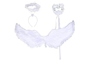 POPOYU 3 Stück Engel Kostüm mit Schwarzer Engelsflügel Zauberstab und Heiligenschein, Weihnachtsengel Partnerkostüm, Engelskostüm Kinder, 80 * 35cm Flügel Kostümset für Weihnachtskostüme Kostüme