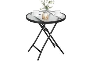 eSituro Side Table, Folding Garden Table with Glass Top, Black+transparent, Dia. 46x47.5 cm Round