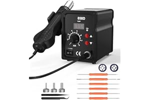 FAOKZE Stazione di saldatura ad aria calda 700W,858D Rework Station con Display LED 100-480°C,Stazione Saldante Aria Calda con 3 punte,2 rotoli di filo di saldatura,2 pinzette e un kit di strumenti.