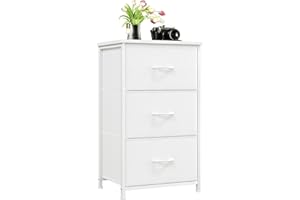 Somdot Chest of Drawers with 3 Drawers, Bedroom Fabric Dresser Storage Organiser for Closet Bedside Living Room Laundry Entryway Hallway, White Leather