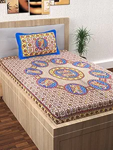 Story@Home 120 Thread Count Rajasthani Block Print Single Bed Size Ethnic Traditional Bedsheet with one Pillow Cover, Yellow and Brown