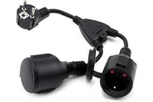 WOOWAIR Cable Alargador de Corriente con Enchufe Doble Schuko, Prolongador de Contacto de Protección Exterior IP44 3x1,5mm² Alargo con Toma Protección Infantil Cable de Goma para Hogar Oficina Exterior, Negro