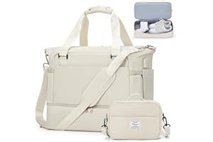 BOXSAM Sports Gym Bag Womens Men, Weekender Overnight Bag with Shoes Compartment & Wet Pocket, Waterproof Sports Travel Duffel Bag with USB Charging Port, Hospital Bag, Beige