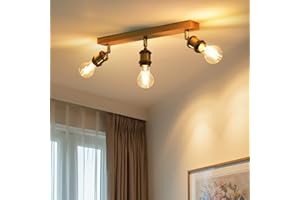 LVWIT Faretti LED da Soffitto Orientabili Retrò, Faretto da Interno con 3 Lampadine LED E27, Base di Legno, Faretti Soffitto Retrò per Barra, Salotto,Cameretta, Cucina (Lampadine Escluse)