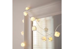 Lights4fun 30 Warm White LED Indoor White Rose Decorative Flower String Fairy Lights Clear Cable Plug in Mains Powered 2.9m Bedroom Home Wedding Valentine Decoration
