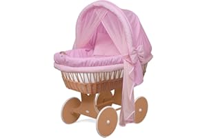 WALDIN BABY COLLECTION WALDIN Landau/berceau bébé complet, 24 modèles disponibles, cadre/roues laqué en marron, couleur du tissu rose/carreaux