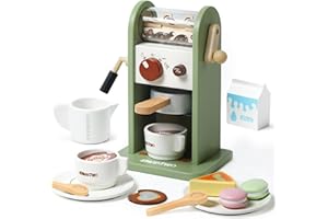 Smartwo Kaffeemaschine Kinder Holz, Kinderküche Kaffeemaschine mit Mühle, Spielküche Zubehör, Espressomaschine Holzspielzeug Set, Küchenzubehör Rollenspiele, Geschenk Mädchen ab 3 Jahre, Grün