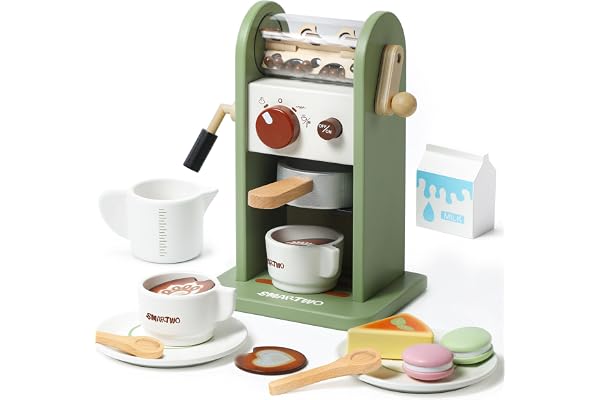 Smartwo Trä Kaffemaskin, Kaffekanna Leksak med Kaffekvarn och Arbetsljud, Trä Kökstillbehör, Barnkök Leksak, Present till Pojkar Flickor 3 4 5 6 År
