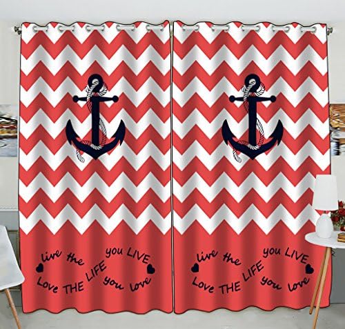 Custom Live the Life You Love, Love the Life You Live.Coral And White Chevron Zig Zag Pattern With Anchor Blackout Window Curtain Size 52(W) x 84(H) inches (Two Piece)