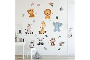 Runtoo Stickers muraux aquarelle animaux safari éléphant, girafe, fleur, jungle, autocollants muraux pour chambre d'enfant, chambre de bébé, décoration d'intérieur