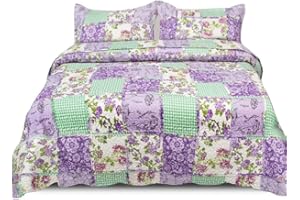 Trendy Realm Quilt Patchwork Bedspread 3 Piece Set – Coverless Quilted Bedspread, Comforter Throw, Summer and All-Season Lightweight Bedding Sets, with 2 Pillow Sham - (Lavender Blossom, Double)