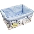 Woodluv Rectangular White Willow Wicker Hamper Storage Basket-With Blue Fabric & Ribbon (Gift Hamper Basket) -Medium