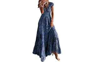 ABYOVRT Robe Maxi D'été pour Femme Bohème Robe de Vacances Col V à Fleur Manches Courtes Robe de Soiree Party Plage