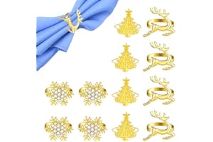 OTTYMO 12Pcs Christmas Napkin Rings Gold Christmas Trees Napkin Rings Reindeer Napkin Buckle Snowflake Napkin Holders Xmas Tableware Decoration for Christmas Holidays Dinners Party Supply Table Decor