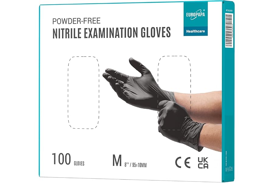 EUROPAPA 100x Nitrilhandschuhe Box Einweghandschuhe, Einmalhandschuhe, Untersuchungshandschuhe, Nitril Handschuhe, puderfrei, ohne Latex, unsteril, latexfrei, disposible gloves (M, Schwarz)