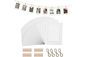 PUIAXOD 40 Stück Fotogirlande, Fotoleine mit Klammern, Papier Bilderrahmen 10 X 15 cm Weiß mit 40 Stücke Clips und 4 Stücke Hanf Seile Fotos Aufhängen für DIY Dekoration bei Geburtstag Hochzeit Party