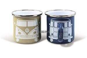 BRISA VW Collection Volkswagen Set de 2 Grandes Tasses en émail pour Le café et Le thé, pour Le Camping (Bus Avant/Bleu & Gris)