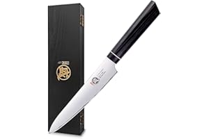 MITSUMOTO SAKARI Couteau Office Damas de 14 cm, Couteau Japonais Forgé à la Main, Couteau Cuisine Professionnel (Manche G10 & Coffret Cadeau)