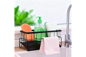 DenFatory Portaspugne per lavello da cucina, organizzatore cucina, portaoggetti per lavello in acciaio inox con vassoio di scarico automatico, portaspugne e spazzole, nero