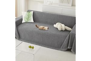 BUSVORES Sofa Throw Blanket, Chenille with Fringes Sofa Cover, Non-Slip Couch Protection for Pets, Hair, Children, Dogs, Cats, Versatile Decorative Sofa Throw for Family (Dark Grey, 180 x 300 cm)