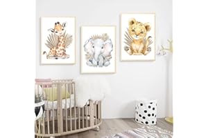 Youihom 3 Bild Waldtiere, 30 x 40 cm, Poster, Löwe, Elefant, Giraffe, Wanddekoration, Kinderzimmer, Mädchen, Jungen, Geschenk, ohne Rahmen